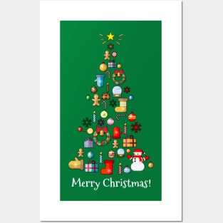 Merry Christmas Holiday Tree with Symbols of Christmas Posters and Art